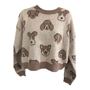 Neutral Dog-Pattern Crewneck Sweater - Cream & Taupe